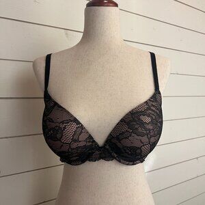 Victoria's Secret Bra Biofit Demi Up Lift Push Up Beige Black Lace 34 DD